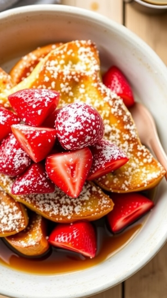 Air fryer French toast bake topped with strawberries and powdered sugar, served with maple syrup.
